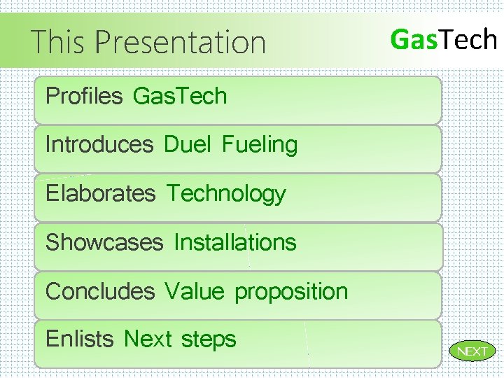 This Presentation Gas. Tech Profiles Gas. Tech Introduces Duel Fueling Elaborates Technology Showcases Installations