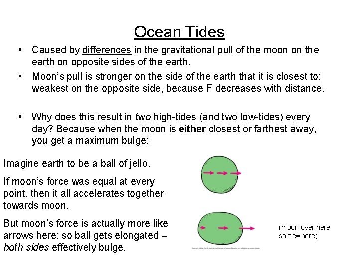 Ocean Tides • Caused by differences in the gravitational pull of the moon on