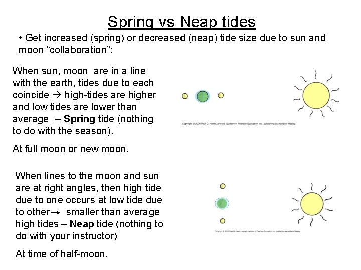 Spring vs Neap tides • Get increased (spring) or decreased (neap) tide size due