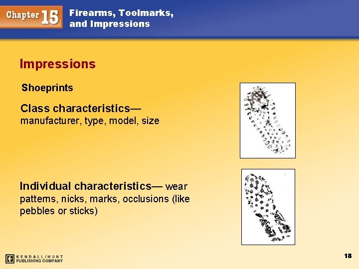 Firearms, Toolmarks, and Impressions Shoeprints Class characteristics— manufacturer, type, model, size Individual characteristics— wear