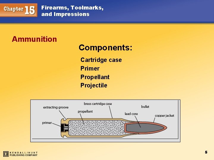 Firearms, Toolmarks, and Impressions Ammunition Components: Cartridge case Primer Propellant Projectile 5 