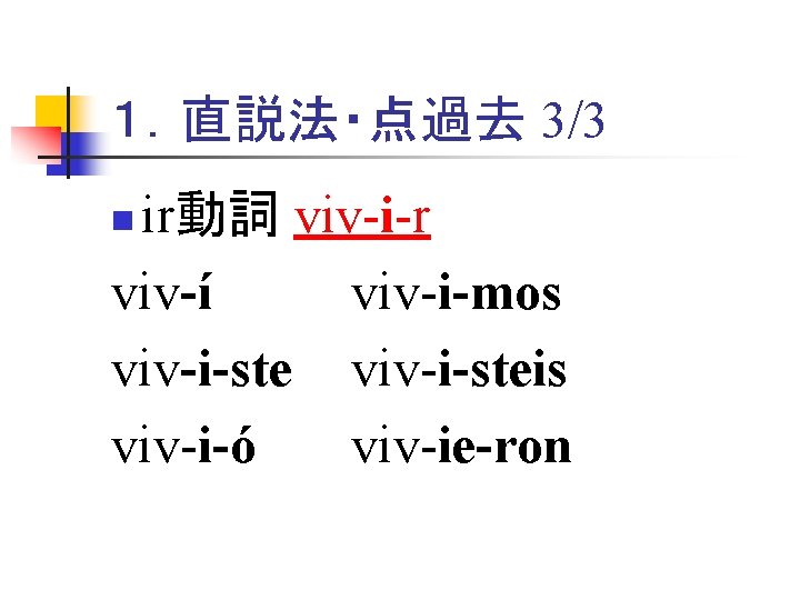 １．直説法・点過去 3/3 ir動詞 viv-i-r viv-í viv-i-mos viv-i-steis viv-i-ó viv-ie-ron n 