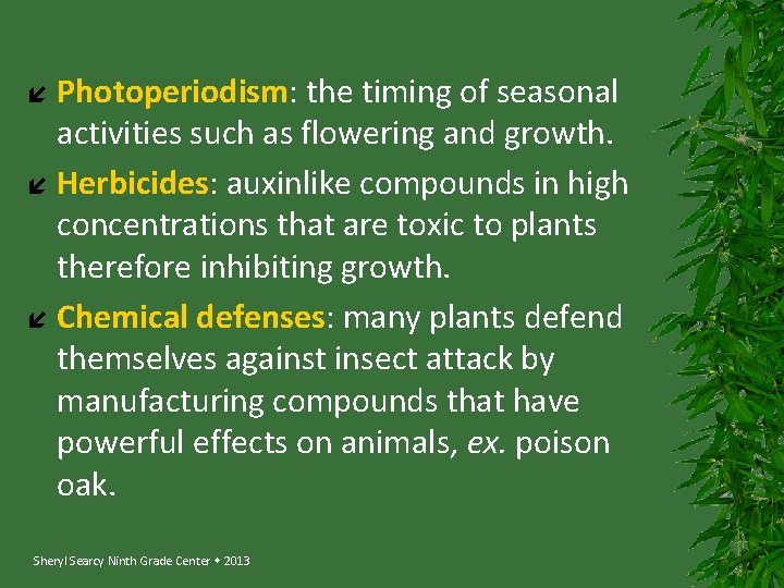 Photoperiodism: the timing of seasonal activities such as flowering and growth. Herbicides: auxinlike compounds