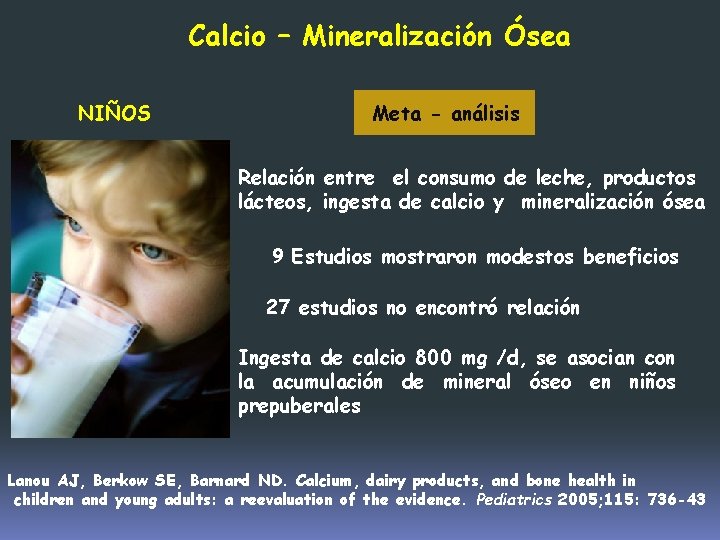 Calcio – Mineralización Ósea NIÑOS Meta - análisis Relación entre el consumo de leche,