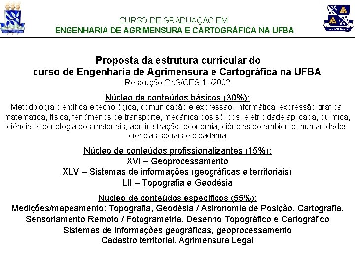 CURSO DE GRADUAÇÃO EM ENGENHARIA DE AGRIMENSURA E CARTOGRÁFICA NA UFBA Proposta da estrutura