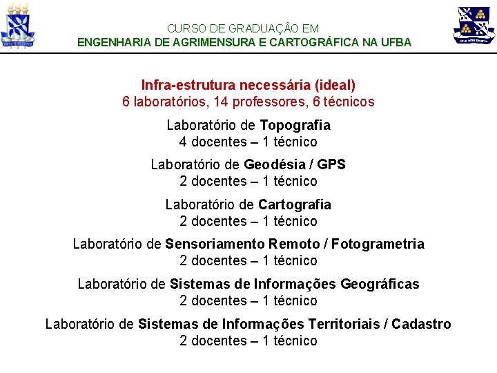 CURSO DE GRADUAÇÃO EM ENGENHARIA DE AGRIMENSURA E CARTOGRÁFICA NA UFBA Infra-estrutura necessária (ideal)