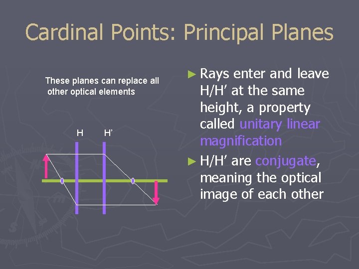 Cardinal Points: Principal Planes These planes can replace all other optical elements H H’