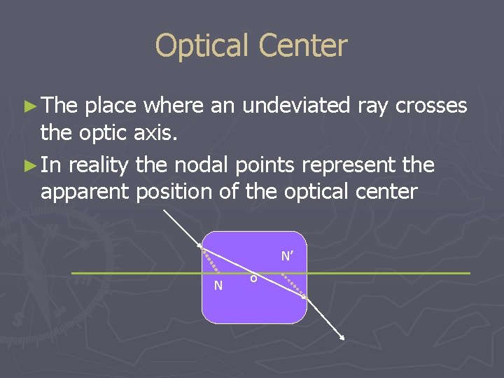 Optical Center ► The place where an undeviated ray crosses the optic axis. ►