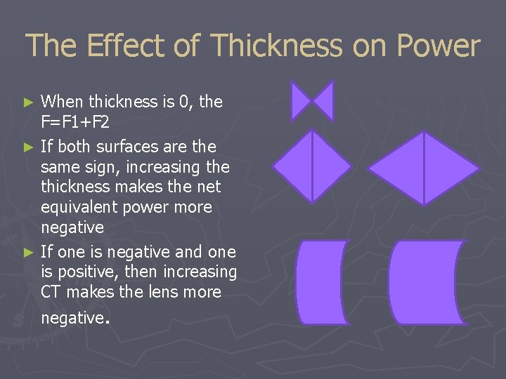 The Effect of Thickness on Power When thickness is 0, the F=F 1+F 2