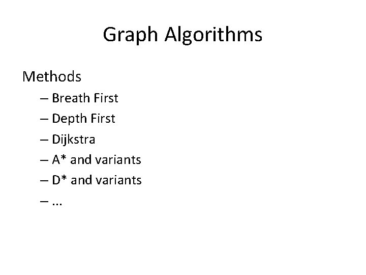 Graph Algorithms Methods – Breath First – Depth First – Dijkstra – A* and