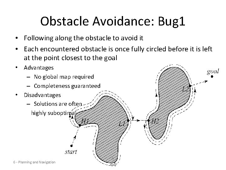 Obstacle Avoidance: Bug 1 • Following along the obstacle to avoid it • Each