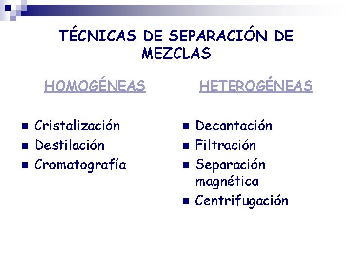TÉCNICAS DE SEPARACIÓN DE MEZCLAS HOMOGÉNEAS n n n Cristalización Destilación Cromatografía HETEROGÉNEAS n