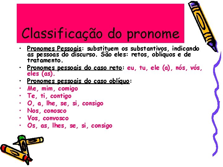 Classificação do pronome • Pronomes Pessoais: substituem os substantivos, indicando as pessoas do discurso.