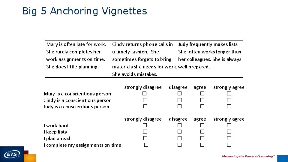 Big 5 Anchoring Vignettes Mary is often late for work. She rarely completes her