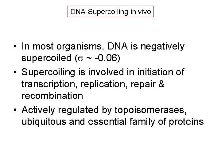 DNA Supercoiling in vivo • In most organisms, DNA is negatively supercoiled (s ~