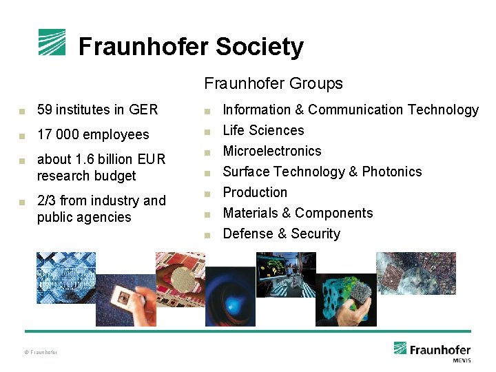 Fraunhofer Society Fraunhofer Groups ■ 59 institutes in GER ■ Information & Communication Technology Fraunhofer Society Fraunhofer Groups ■ 59 institutes in GER ■ Information & Communication Technology