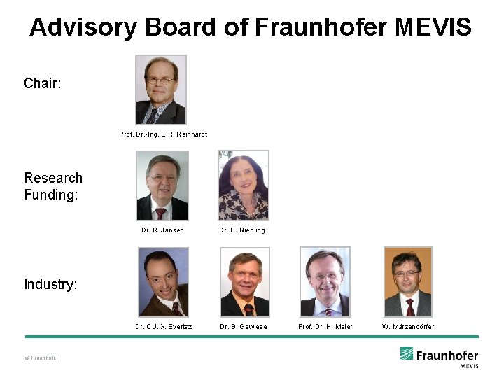 Advisory Board of Fraunhofer MEVIS Chair: Prof. Dr. -Ing. E. R. Reinhardt Research Funding: Advisory Board of Fraunhofer MEVIS Chair: Prof. Dr. -Ing. E. R. Reinhardt Research Funding:
