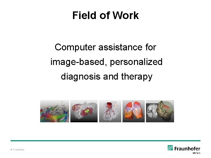 Field of Work Computer assistance for image-based, personalized diagnosis and therapy © Fraunhofer Field of Work Computer assistance for image-based, personalized diagnosis and therapy © Fraunhofer