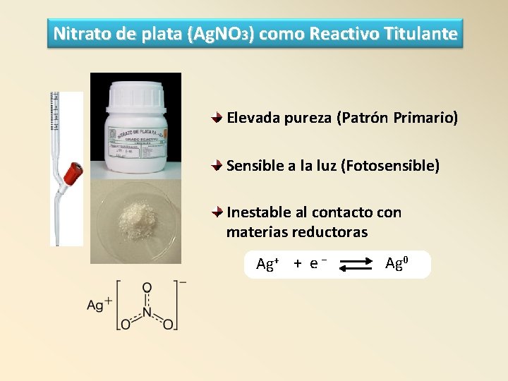 Nitrato de plata (Ag. NO 3) como Reactivo Titulante Elevada pureza (Patrón Primario) Sensible