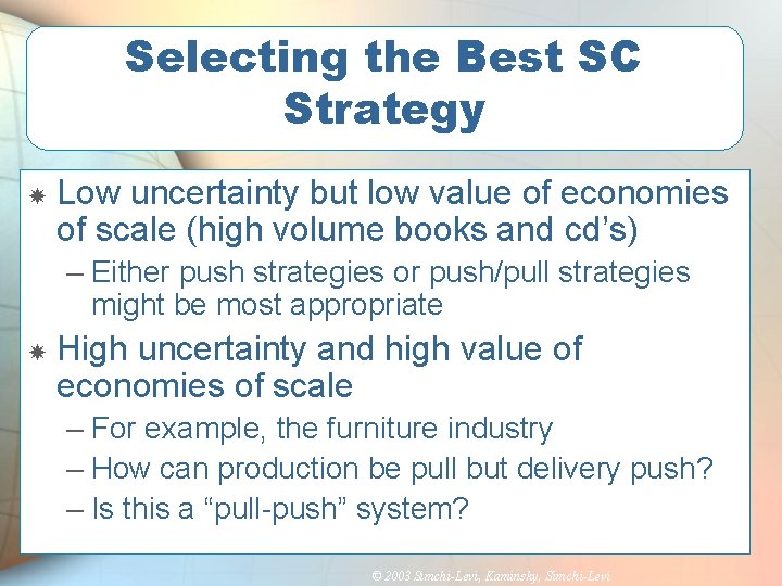 Selecting the Best SC Strategy Low uncertainty but low value of economies of scale