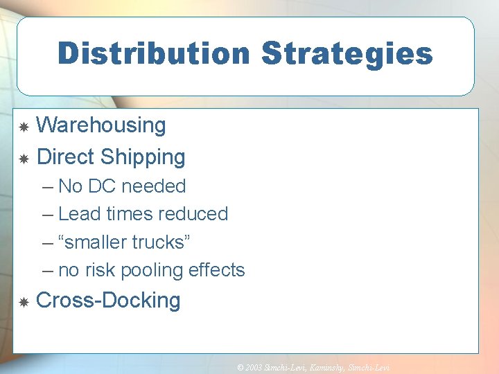 Distribution Strategies Warehousing Direct Shipping – No DC needed – Lead times reduced –
