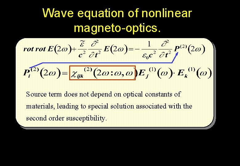 Wave equation of nonlinear magneto-optics. Source term does not depend on optical constants of