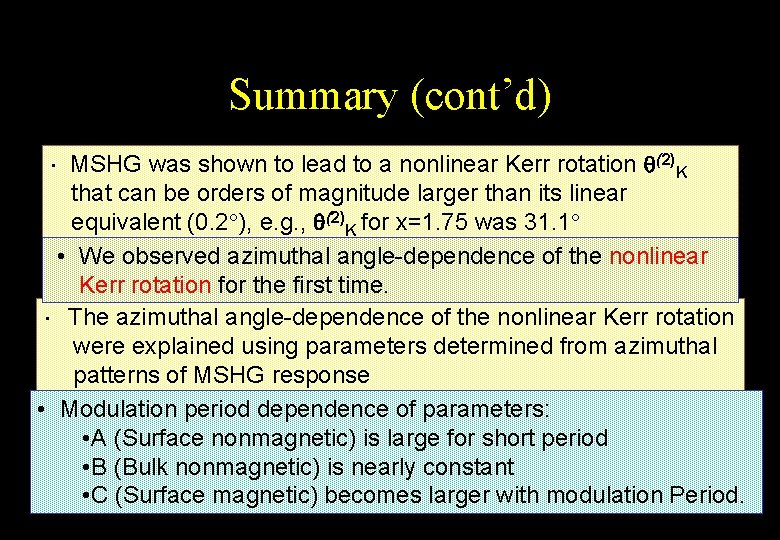 Summary (cont’d) was shown to lead to a nonlinear Kerr rotation (2)K that can