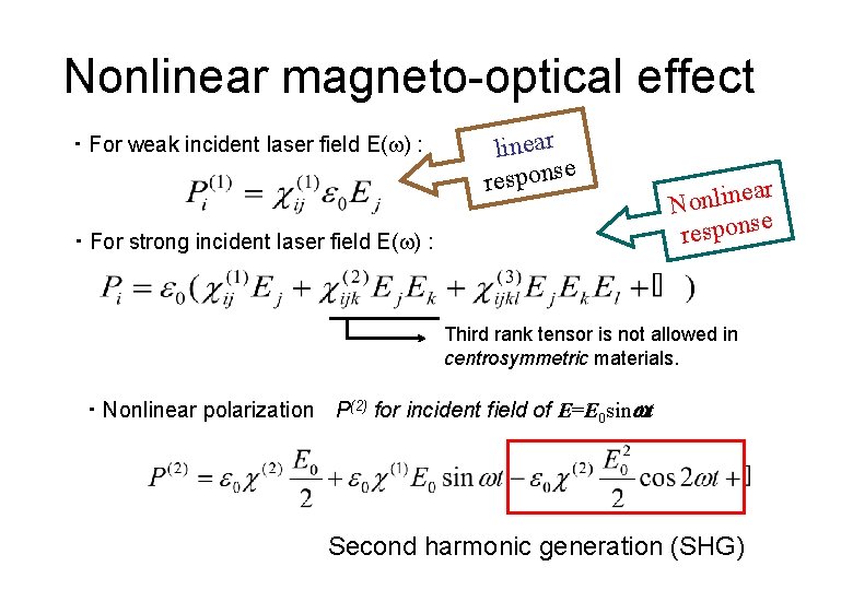 Nonlinear magneto-optical effect ・ For weak incident laser field E(w) : linear e respons