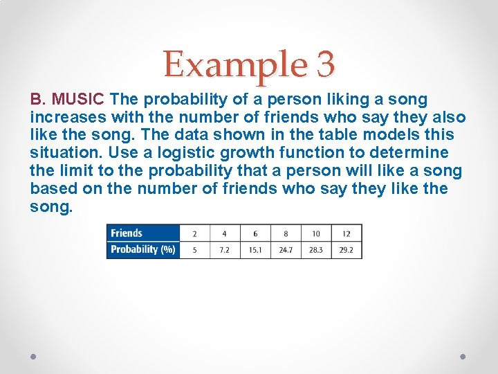 Example 3 B. MUSIC The probability of a person liking a song increases with