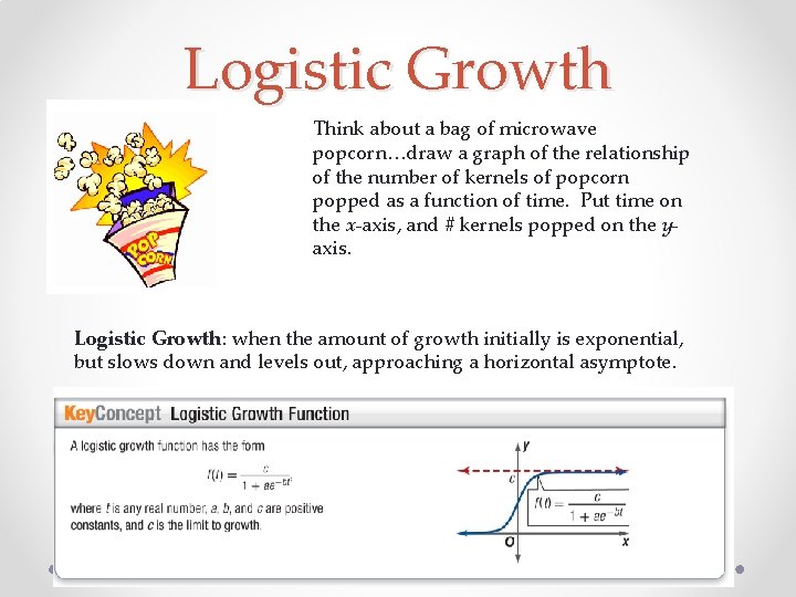 Logistic Growth Think about a bag of microwave popcorn…draw a graph of the relationship