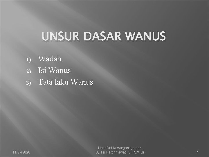 UNSUR DASAR WANUS 1) 2) 3) 11/27/2020 Wadah Isi Wanus Tata laku Wanus Hand.