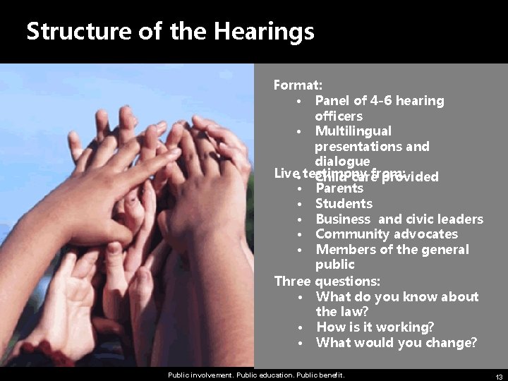 Structure of the Hearings Format: • Panel of 4 -6 hearing officers • Multilingual