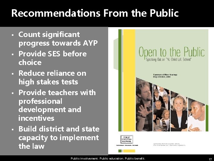Recommendations From the Public § § § Count significant progress towards AYP Provide SES