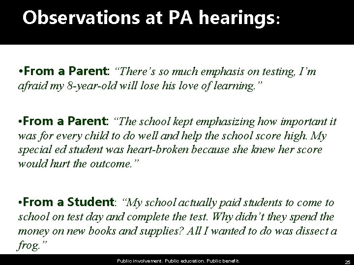 Observations at PA hearings: • From a Parent: “There’s so much emphasis on testing,