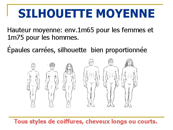 SILHOUETTE MOYENNE Hauteur moyenne: env. 1 m 65 pour les femmes et 1 m