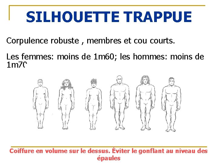 SILHOUETTE TRAPPUE Corpulence robuste , membres et courts. Les femmes: moins de 1 m