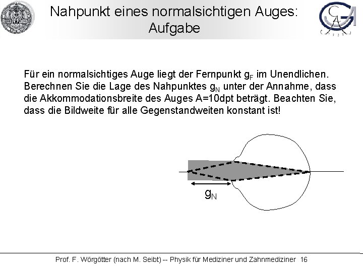 Nahpunkt eines normalsichtigen Auges: Aufgabe Für ein normalsichtiges Auge liegt der Fernpunkt g. F