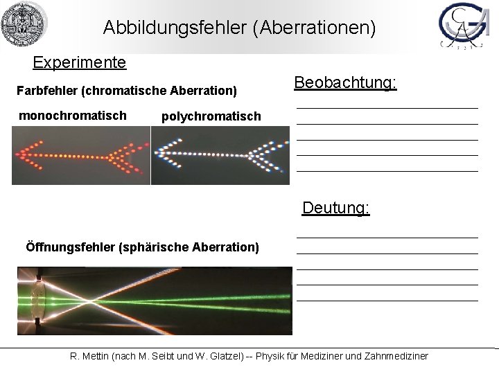 Abbildungsfehler (Aberrationen) Experimente Farbfehler (chromatische Aberration) monochromatisch Beobachtung: polychromatisch Deutung: Öffnungsfehler (sphärische Aberration) R.