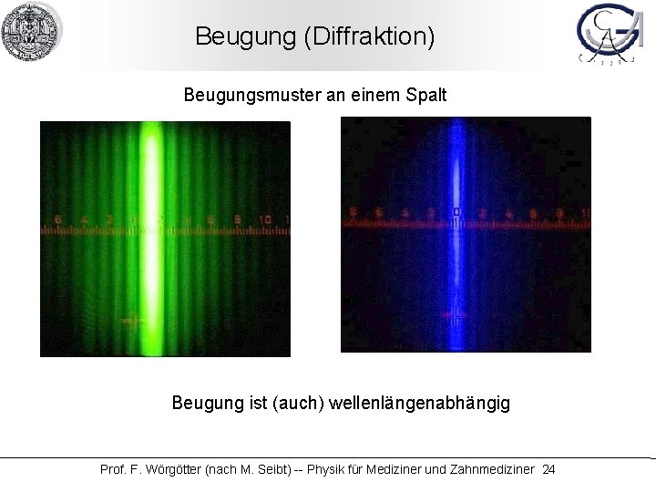 Beugung (Diffraktion) Beugungsmuster an einem Spalt Beugung ist (auch) wellenlängenabhängig Prof. F. Wörgötter (nach