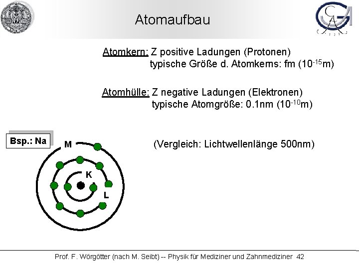 Atomaufbau Atomkern: Z positive Ladungen (Protonen) typische Größe d. Atomkerns: fm (10 -15 m)