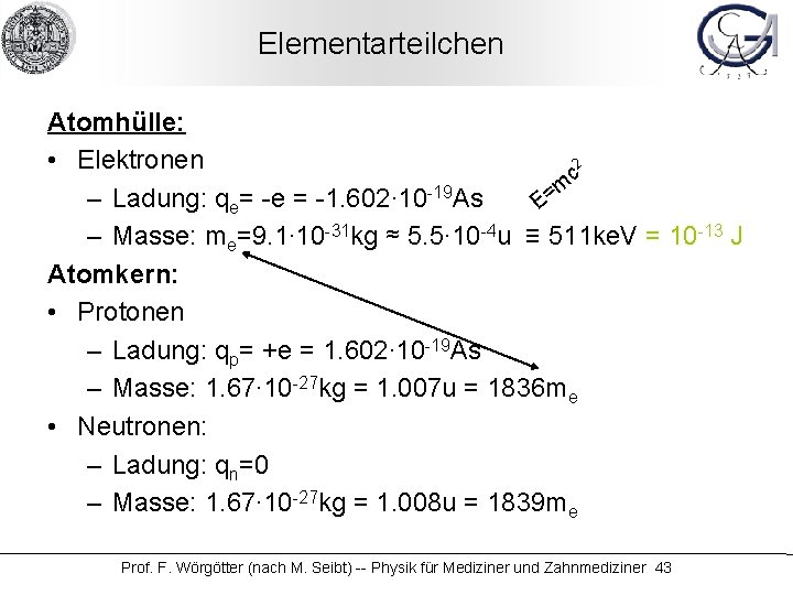 Elementarteilchen Atomhülle: • Elektronen 2 c m = – Ladung: qe= -e = -1.