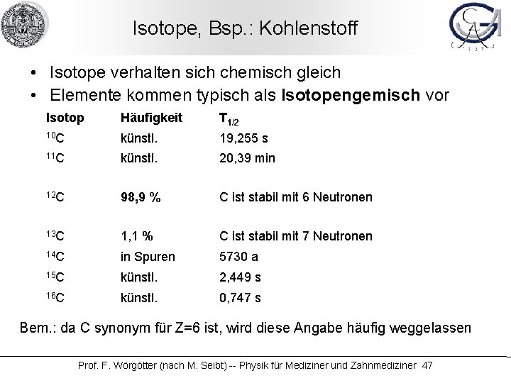 Isotope, Bsp. : Kohlenstoff • Isotope verhalten sich chemisch gleich • Elemente kommen typisch