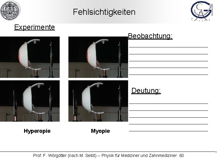 Fehlsichtigkeiten Experimente Beobachtung: Deutung: Hyperopie Myopie Prof. F. Wörgötter (nach M. Seibt) -- Physik