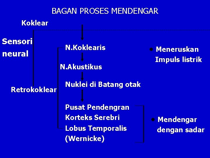 BAGAN PROSES MENDENGAR Koklear Sensori neural N. Koklearis N. Akustikus Retrokoklear • Meneruskan Impuls