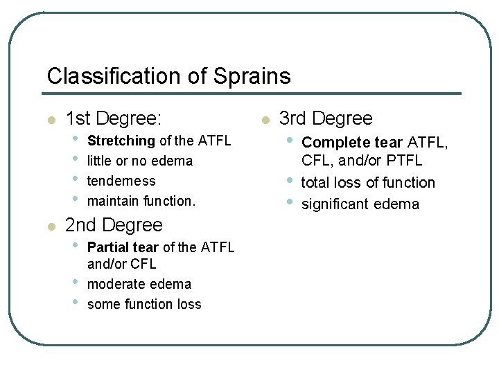 Classification of Sprains l l 1 st Degree: • • Stretching of the ATFL