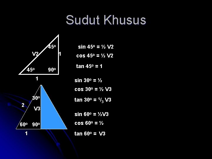 Sudut Khusus 45 o V 2 45 o 1 90 o 1 sin 45