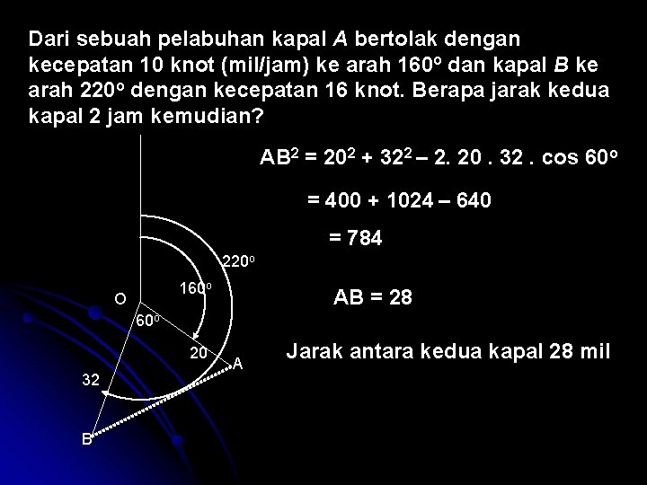 Dari sebuah pelabuhan kapal A bertolak dengan kecepatan 10 knot (mil/jam) ke arah 160