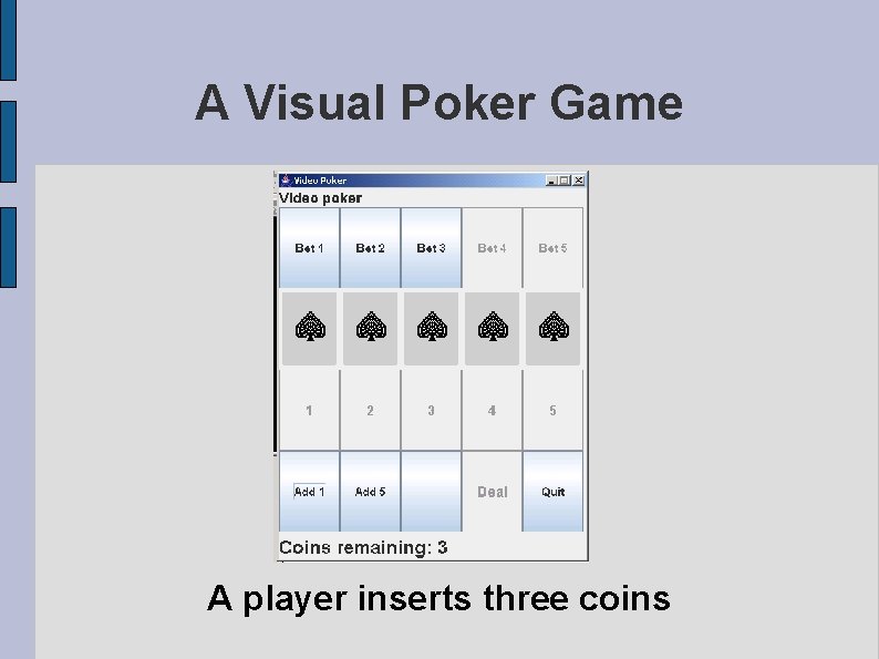 A Visual Poker Game A player inserts three coins A Visual Poker Game A player inserts three coins