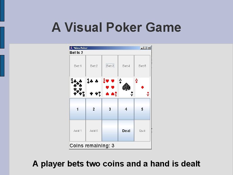 A Visual Poker Game A player bets two coins and a hand is dealt A Visual Poker Game A player bets two coins and a hand is dealt