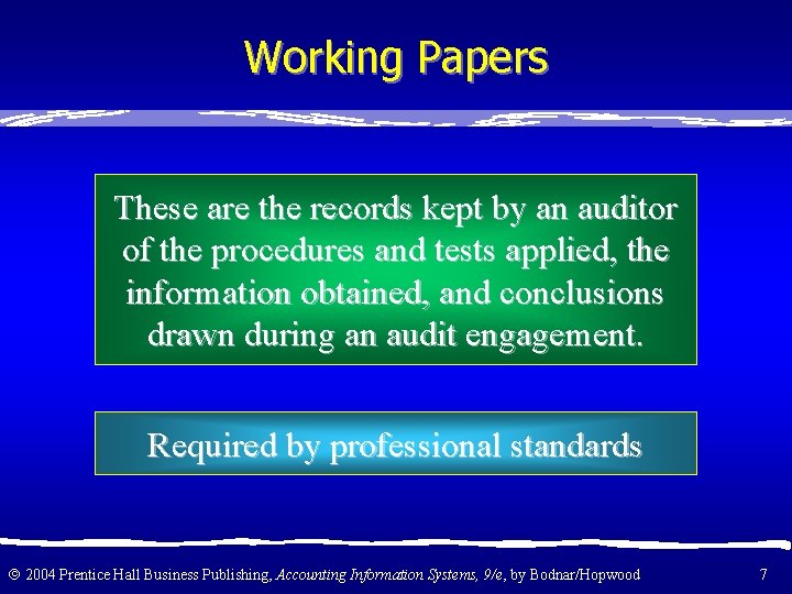 Working Papers These are the records kept by an auditor of the procedures and